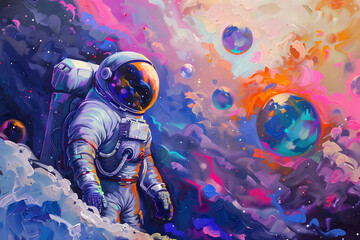 Wall Mural - Beautiful painting of an astronaut in in a colorful bubbles galaxy on a different planet