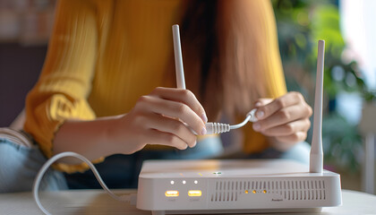 Woman connecting cable to Wi-Fi router at table indoors, closeup