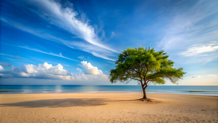 Wall Mural - A serene beach with a lone tree standing tall on the sandy shore, nature, landscape, tropical, sea, ocean, vacation