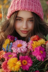 Poster - Woman with flowers in field