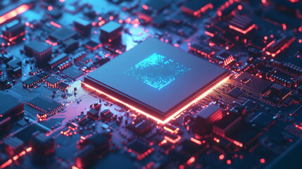 Poster - A chip with AI managing smart devices, representing the electronics CPU industry. It encompasses hardware and software computer technology, including the development and engineering of electronics.