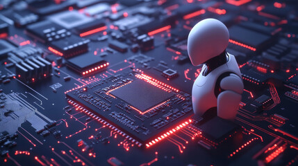 Poster - A chip with AI managing smart devices, representing the electronics CPU industry. It encompasses hardware and software computer technology, including the development and engineering of electronics.