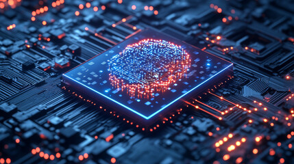 Poster - A chip with AI managing smart devices, representing the electronics CPU industry. It encompasses hardware and software computer technology, including the development and engineering of electronics.