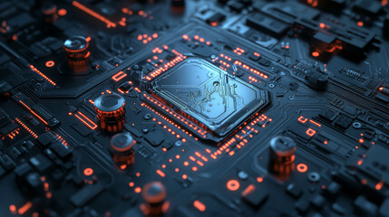 Poster - A chip with AI managing smart devices, representing the electronics CPU industry. It encompasses hardware and software computer technology, including the development and engineering of electronics.