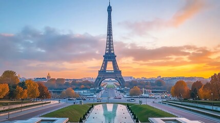 Wall Mural - The Eiffel Tower in Paris with a sunset in the background.