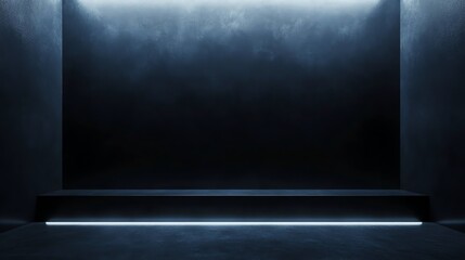 A dark, empty room with spotlights shining on a black wall and a platform.