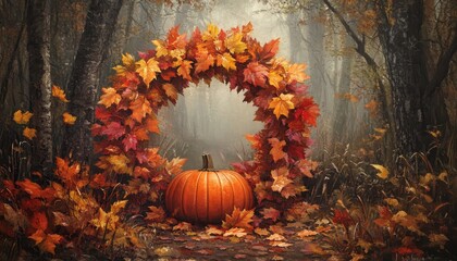 Wall Mural - Autumn Wreath and Pumpkin in Enchanted Forest