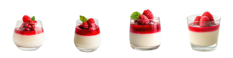 Delicious layers of panna cotta topped with fresh raspberries and mint leaves, perfect for dessert lovers and culinary presentations. transparent background