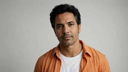 adult black hair hispanic man in orange shirt model portrait standing straight on a plain white background for ad concept space for text