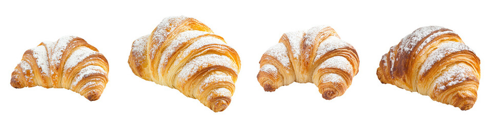 Deliciously flaky croissants arranged in a row, garnished with powdered sugar. Perfect for breakfast or pastry displays. transparent background