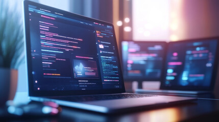 Poster - Cross-platform website and app design development involves working on laptops, phones, and tablets. It includes the technology for creating software, coding mobile applications, and programming.