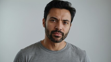 adult black hair european man in gray shirt model portrait standing straight on a plain white background for ad concept space for text