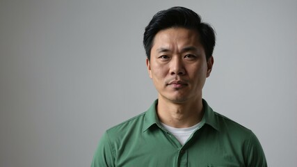 adult black hair east asian man in green shirt model portrait standing straight on a plain white background for ad concept space for text