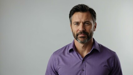 adult black hair caucasian man in purple shirt model portrait standing straight on a plain white background for ad concept space for text