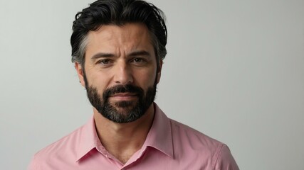 adult black hair caucasian man in pink shirt model portrait standing straight on a plain white background for ad concept space for text