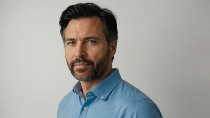 adult black hair caucasian man in blue shirt model portrait standing straight on a plain white background for ad concept space for text