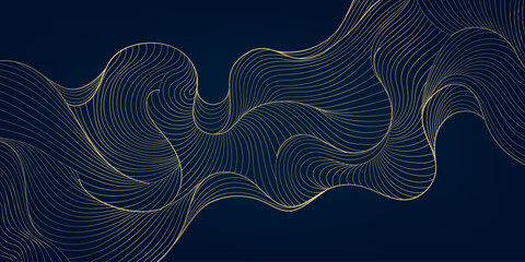 Wall Mural - Vector golden on dark line wave background. Luxury abstract elegant flow Japanese illustration, premium sea curve template