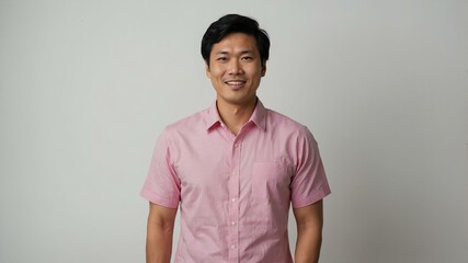 adult black hair asian man in pink shirt model portrait standing straight on a plain white background for ad concept space for text