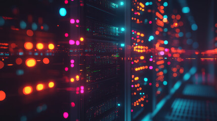 Poster - Data center: an abstract representation of a digital repository. It features a server room utilizing cloud computing technology, with a server farm interacting with the internet. Network connections 