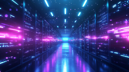 Poster - Data center: an abstract representation of a digital repository. It features a server room utilizing cloud computing technology, with a server farm interacting with the internet. Network connections 