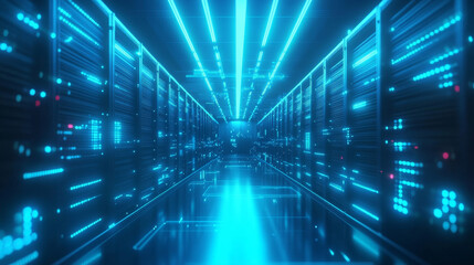 Poster - Data center: an abstract representation of a digital repository. It features a server room utilizing cloud computing technology, with a server farm interacting with the internet. Network connections 