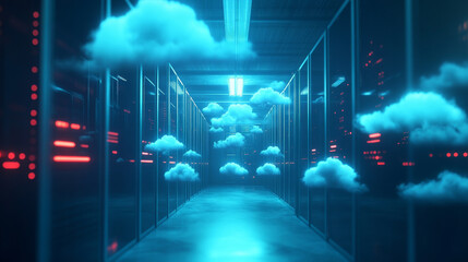 Poster - Data center: an abstract representation of a digital repository. It features a server room utilizing cloud computing technology, with a server farm interacting with the internet. Network connections 