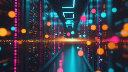 Poster - Data center: an abstract representation of a digital repository. It features a server room utilizing cloud computing technology, with a server farm interacting with the internet. Network connections 
