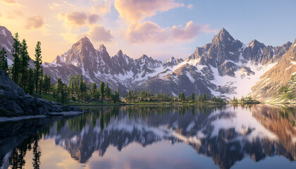  Nature Bliss: A serene mountain landscape with a lake reflecting the snowy peaks at sunrise