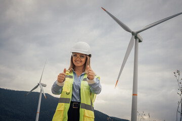 Poster - A dedicated Female Engineer at the Wind Farm celebrates advancements in Sustainable Energy, emphasizing the importance of teamwork and collaboration for a better ecofriendly future