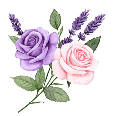 Wall Mural - Beautiful watercolor roses with lavender and green leaves