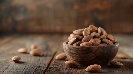 On an antique wooden table almonds rest in a wooden bowl