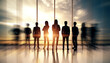 © Who is Danny - Crowd of backlit businessmen and women in blurry office with panoramic city and sky view. Team, future and success concept. Double exposure.