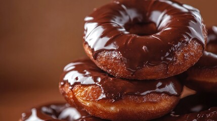 Close-up of sweet chocolate donuts stacked against a warm brown background. Rich chocolate glaze and soft texture create an irresistible sight.