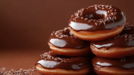 Wall Mural - Close-up of sweet chocolate donuts stacked against a warm brown background. Rich chocolate glaze and soft texture create an irresistible sight.