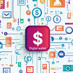 Poster - Digital wallet concept. A wallet icon composed of various currency symbols, including dollar, euro, yen, and pound signs, represents mobile banking and online financial transactions. This e-commerce.