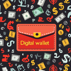 Poster - Digital wallet concept. A wallet icon composed of various currency symbols, including dollar, euro, yen, and pound signs, represents mobile banking and online financial transactions. This e-commerce.