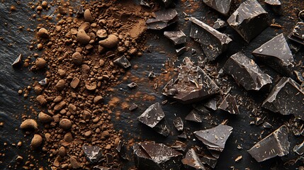 Wall Mural - On an engineered surface bits of dark candy and cocoa powder