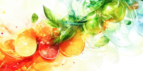 Wall Mural - Abstract composition of citrus fruits and leaves in vibrant colors, featuring limes, lemons, and oranges with a refreshing, summery feel