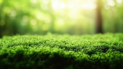 Wall Mural - Detailed close-up of green moss in a rainforest setting, with the natural world softly blurred in the background.