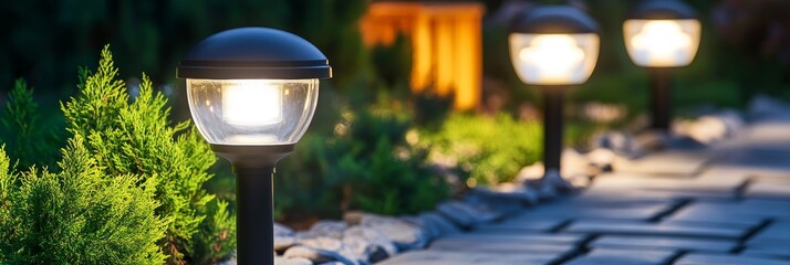 Wall Mural - Illuminated Garden Path Black Lanterns Casting a Warm Glow at Dusk, Creating a Serene Ambiance