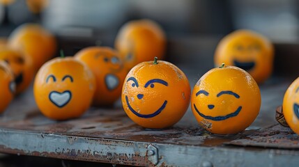 Sticker - On an iron table several oranges with emojis written on them