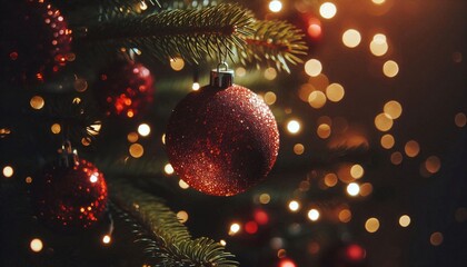 Sticker - Close-up of sparkling red ornaments on a Christmas tree adorned with warm lights during the festive holiday season