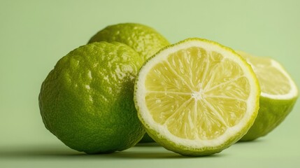 Wall Mural - Fresh bergamot, sliced to reveal the juicy citrus inside, placed against a light green background, close-up view.