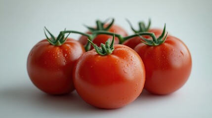 Wall Mural - Fresh, juicy red tomatoes grouped together on a white surface, ready for sauce preparation.