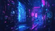 © savittree - Futuristic wall, bathed in neon blue and purple lights, glowing brightly in a dark, cyberpunk city street.