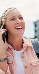 Wall Mural - City, phone call and student woman on campus with backpack, talking for communication or networking. Conversation, mobile and smile with college or university person speaking and walking outdoor