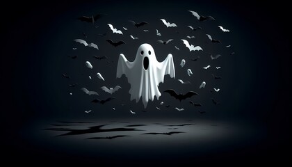 Scary white ghost is flying and screaming, surrounded by bats on a dark halloween night