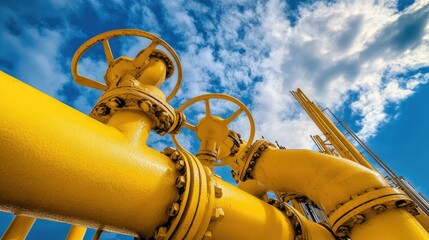 Wall Mural - Industrial yellow pipelines and valves running along a structure, with the bright blue sky serving as a dramatic backdrop.