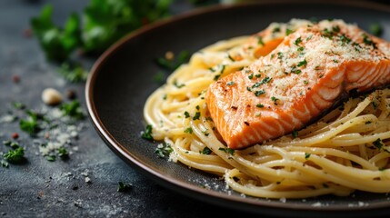 mockup of gourmet dining concept salmon pasta topped with herbs and parmesan cheese, an enticing dish for a sophisticated meal