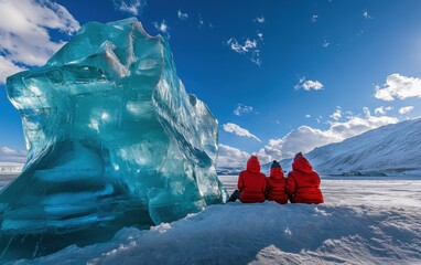 Aufkleber - A group of people in red down jackets sit on the snow next to a large ice floe in blue-green tones, which is transparent and translucent.